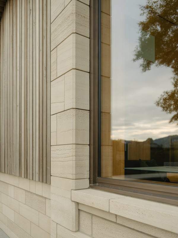 Fassadendetail aus Kalkstein, Lärchenholz und Bronzefenster